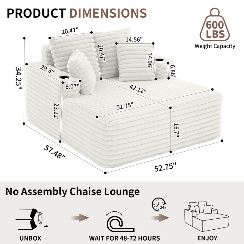 Chaise longue surdimensionnée de 146 cm en fausse fourrure, canapé moderne de style nuage sans dossier, fauteuil lounge moelleux avec porte-gobelets et coussins doux, canapé d'appoint confortable pour salon, chambre, bureau et appartement
