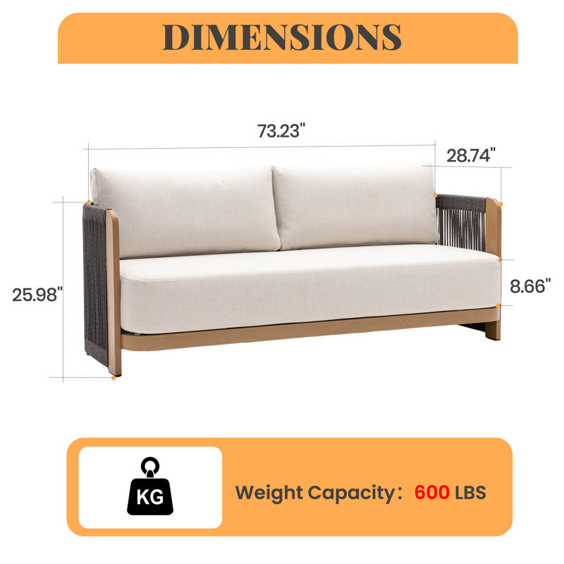 Modern Rope Woven Patio Sofa with Aluminum Frame and Wood Grain;Weather-Resistant Outdoor Conversation Set for Pool and Garden