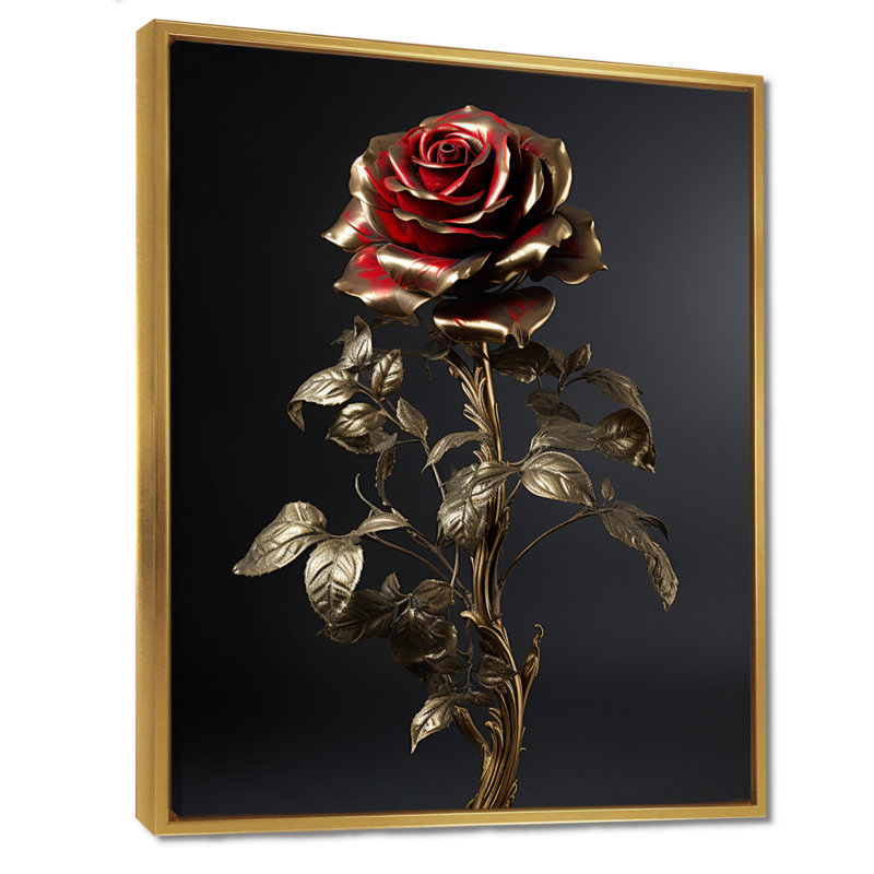 Red Rose Golden Leaves - Rose Wall Art, Toile avec cadre flottant or, H 32 po x l 16 po x P 1 po