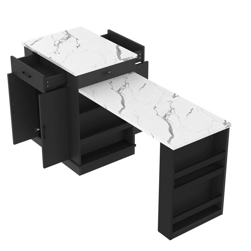 Extendable Island Console With Drawers, Double-Door Cabinet, And Open Shelving. Serves As Dining Table, Temporary Breakfast Bar, And Afternoon Tea Lounge,Black