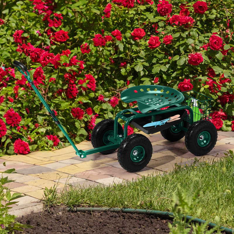 Green Garden Scooter With 360 Degree Swivel Seat & Extendable Handle & Tool Tray