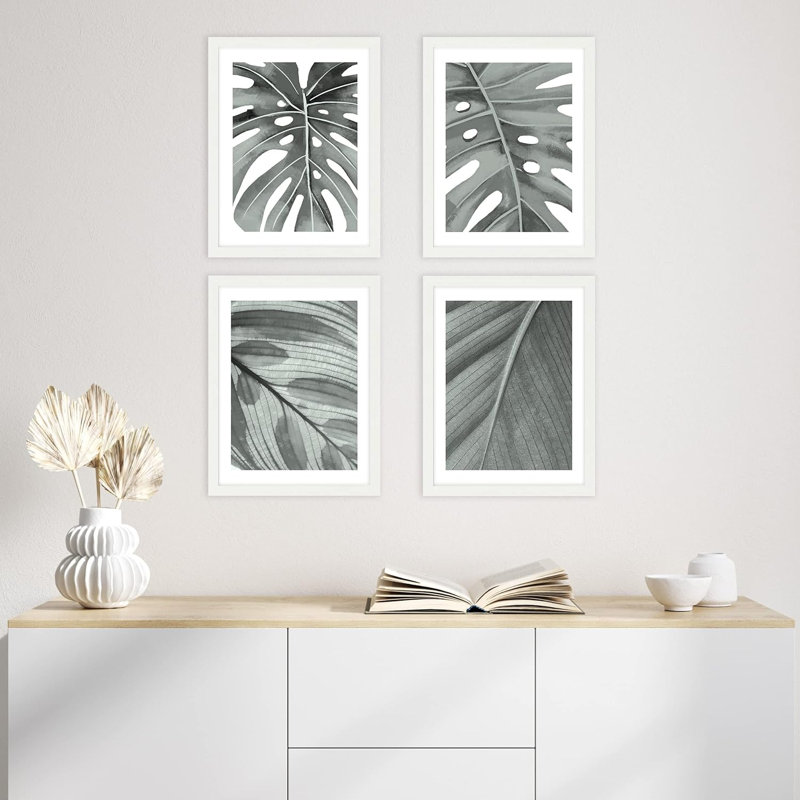 Ensemble de 4 feuilles de palmier noir et gris, impression murale encadrée sur papier, impression 4 pièces, Blanc