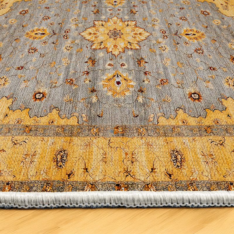 Girvin Yellow Gray Oriental Machine Printed Cotton Polyester Area Rug, Rectangle 4' x 6'7"
