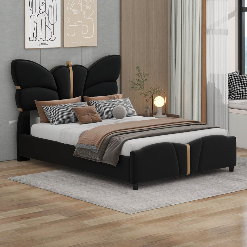 Lit plateforme tapissier avec tête et pied de lit en forme de papillon, Noir, Grand