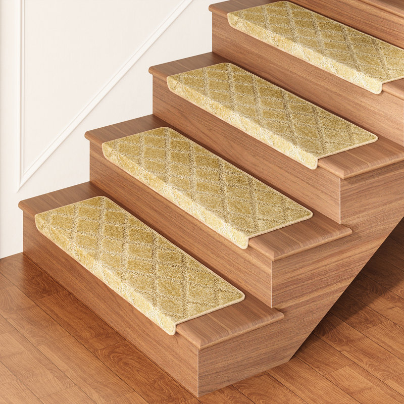 14 pièces de tapis d'escalier antidérapant pour escalier en bois Bullnose 9,5 po x 30 po, Losange, Beige