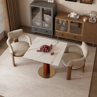 33''Modern Luxe Square Dining Table Collection with Walnut Base and Gold Accents — Available in Obsidian Glass, Polar Vein, Earthstone, and Midnight Grid Finishes