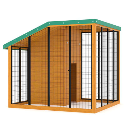 Niche en bois pour grand chien avec revêtement PE et structure en acier galvanisé, porte verrouillable, trappe d'alimentation, porte arrière et bac à eau et à nourriture.