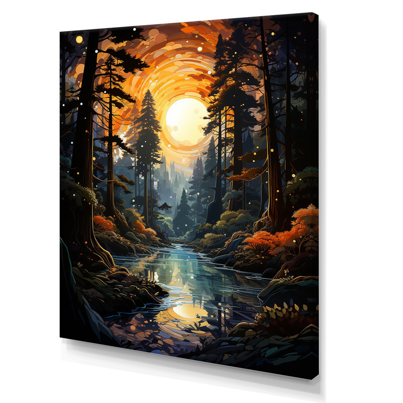 «Moonlight River Retreat Into The Forest III» - art mural forêt et rivière, Toile tendue, H 40 po x l 30 po x P 1,5 po