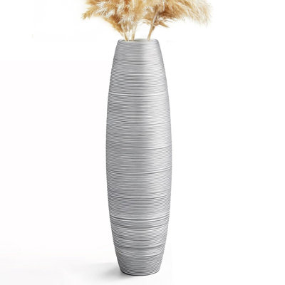  Vase large en résine, grand vase de plancher en métal argenté 35,4 po avec texture nervurée horizontale pour les branches de pampa séchées, décoration intérieure moderne pour le vestibule d'angle du salon