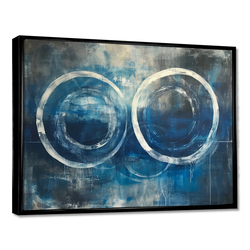 «White Circle Grunge Blue», reproduction d'art géométrique murale, H 12 po x l 20 po x P 1 po, Toile avec cadre flottant noir