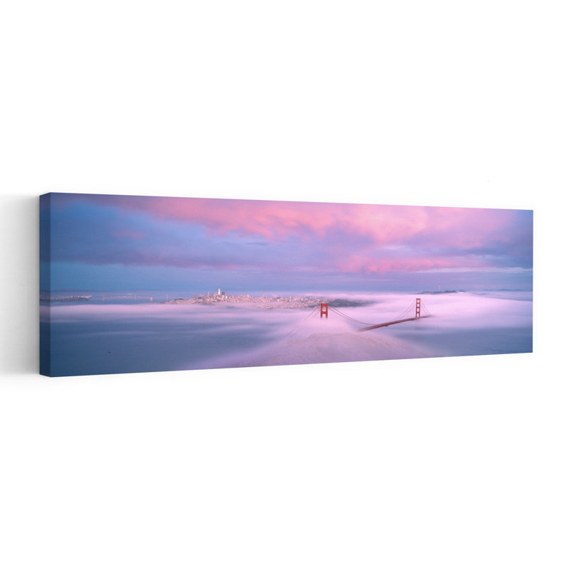 «Dreamy Golden Gate Fog», art contemporain de paysage urbain abstrait, H 12 po x l 36 po