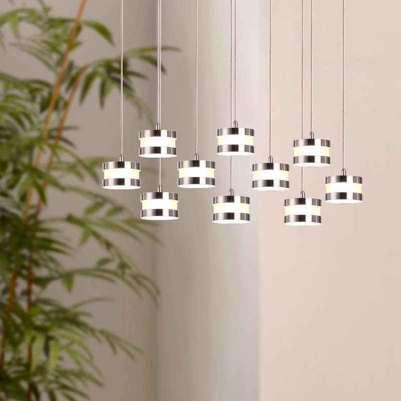 Luminaire suspendu tambour en grappe à 10 lumières DEL Karter, Nickel, H 2 po x l 27 po x P 10 po