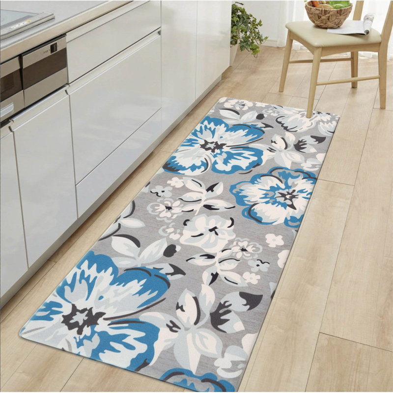 Blue and Gray Floral Anti-Fatigue Kitchen Mat