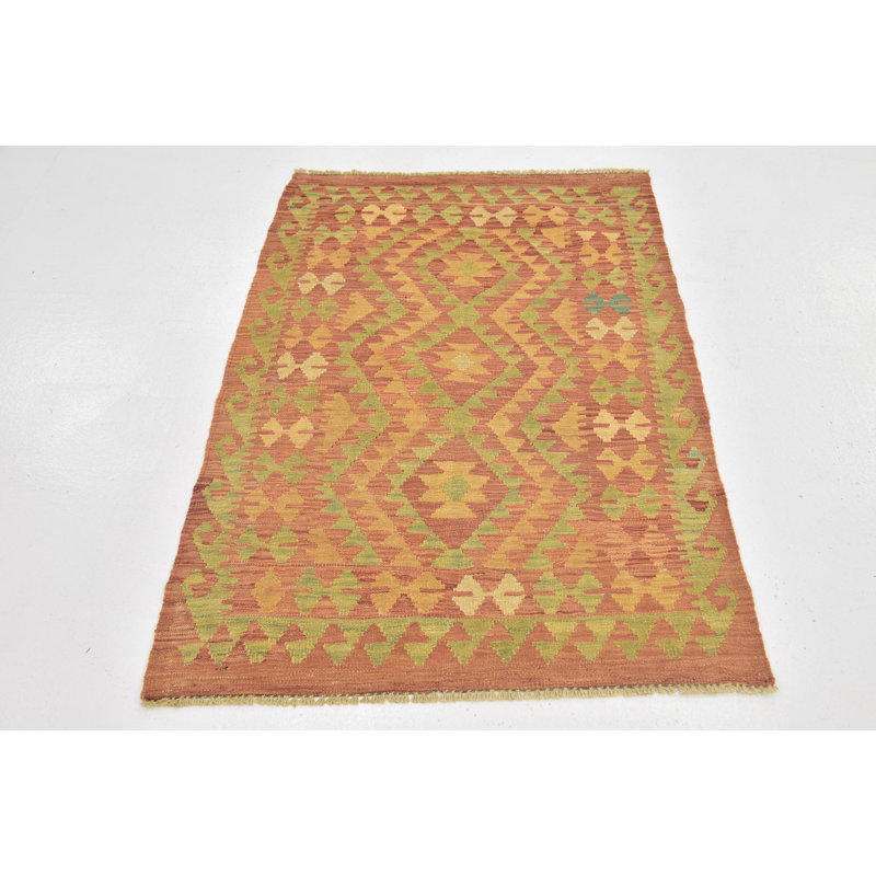 Tapis de zone en laine vert/orange 2 pi 9 po x 4 pi "one-of-kind" -the main noué la Elland
