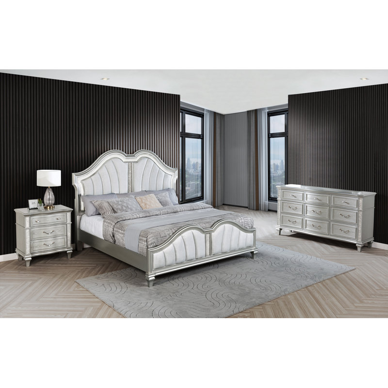 Ensemble de chambre à coucher argenté avec lumières DEL et tête de lit tapissier, 3 Pcs: Bed, Nightstand, Dresser, Queen
