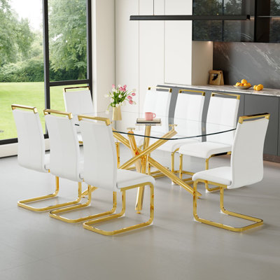 Ensemble de tables de salle à manger 71 "en verre moderne avec chaises en cuir - Ensemble de table de salle à manger de luxe pour 6 à 8 personnes