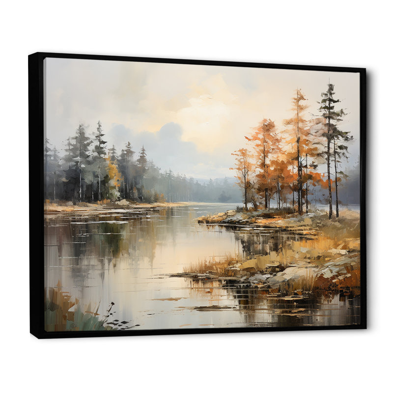 «Lakeside Fall Foliage Serenity II - Lake River», art mural, H 30 po x l 40 po x P 1,5 po, Cadre flottant noir