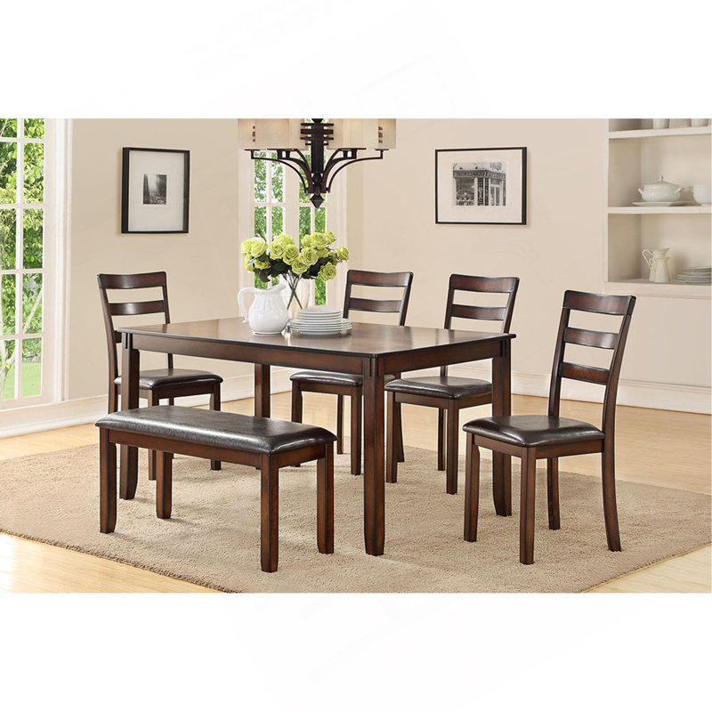 6 pièces-Ensemble de salle à manger de style classique, table rectangulaire, 4 chaises d'appoint et banc, meubles de salle à manger, panneau de fibres à densité moyenne, bois d'hévéa