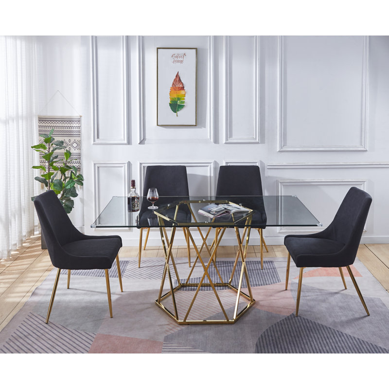 Glass Top Metal Base Dining Table, Gold