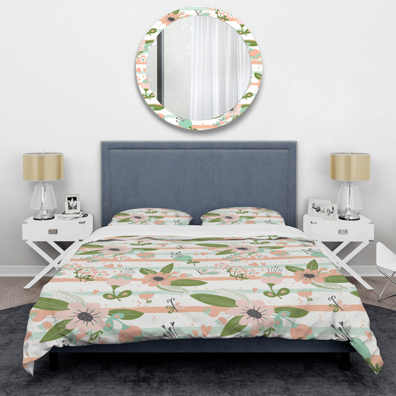 Fleur rose rayée - ensemble de housse de couette abstrait - microfibre de polyester