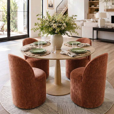 4 - Person Dining Table Sets With Round Table & 4 Upholstered Rolling Chairs With Hidden Casters