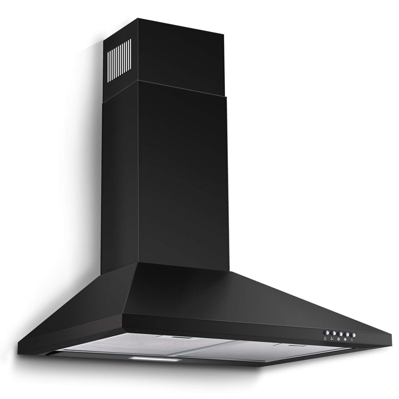 Hotte de cuisine 24 pouces, hotte de cuisine murale en acier inoxydable peint en noir 480Cfm - Ventilateur d'extraction à 3 vitesses, convertible sans conduit / conduit, hotte de cheminée de style cheminée, lumière à DEL et bouton de commande