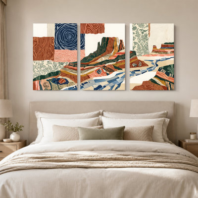 "Torn Paper Mountain Landscape" avec tons de terre et ensemble de 3 toiles en spirale bleu ciel