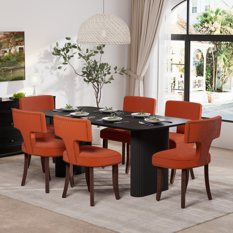 Ensemble de salle à manger rectangulaire en bois avec chaise rembourrée, 7, Noir, Orange