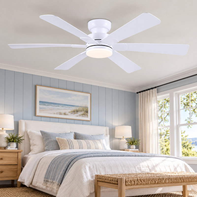 52" 5-Blade Flush Mount Ceiling Fans With Lights And Remote/App, 52" Wide, White