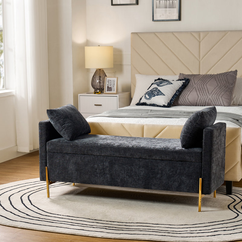 Aristides 56''W Upholstered Flip Top Bench with Subdivided Storage and Toss Pillows, Black Chenille