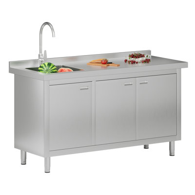 Kaiya 60" W x 24" D x 33.5" Stainless Steel Utility Sink with Cabinet – Heavy-Duty Kitchen & Outdoor Workstation with Faucet & Storage Shelf