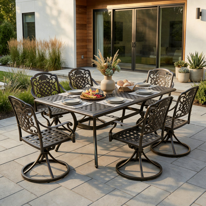 Calista Patio 7-Piece Aluminum Dining Set With Swivel Chairs & Olefin Cushions