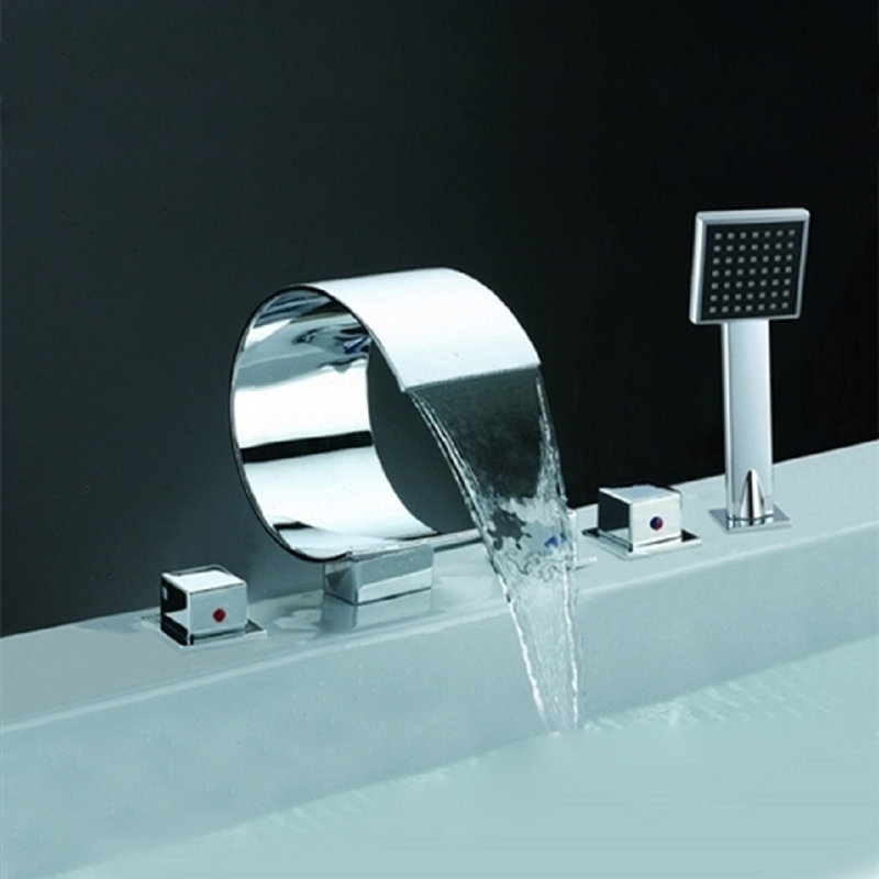 Contemporary Chrome Waterfall Bathtub Faucet with Handheld Shower – Triple Handle Deck-Mount