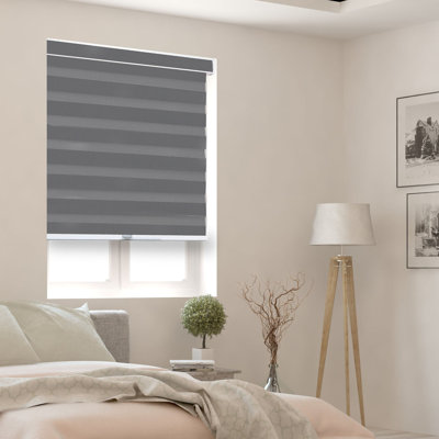 Cordless Zebra Roller Shades – Light Filtering and Room Darkening Blinds - Dual Layer with Sheer and Solid Fabric Stripes - Modern Cassette Valance