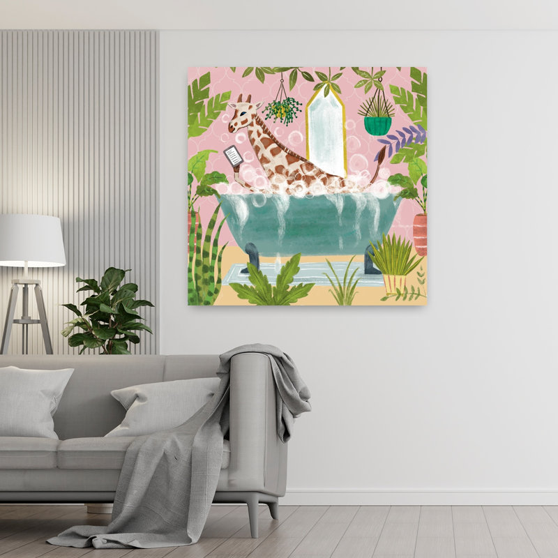 Girafe dans une baignoire sans boisson, art contemporain fantaisiste, H 48 po x l 48 po