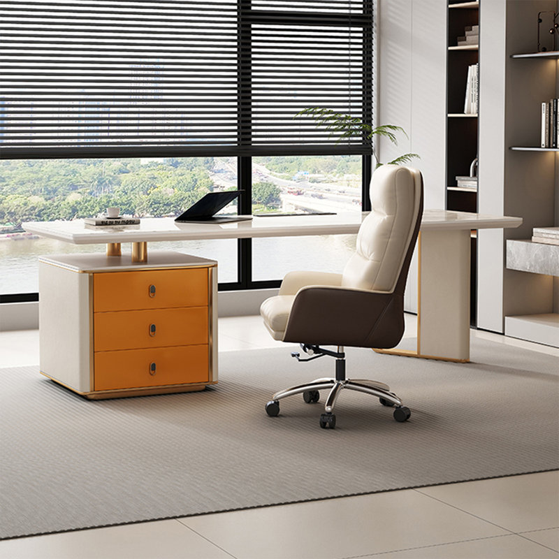 Bureau de direction orange rectangulaire en pierre frittée avec tiroirs Orange, Blanc / orange