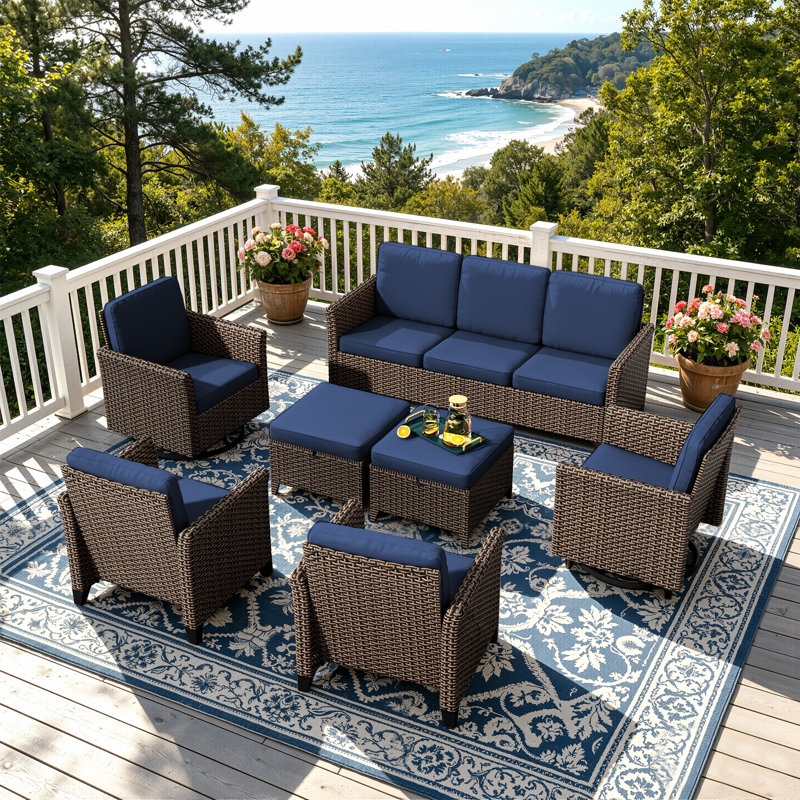 7-Piece Outdoor Wicker Sofa Set, All-Weather High Back with Comfy Cushions, 2 Single & 2 Swivel Chairs, 1 Three-Seat Sofa, 2 Ottomans