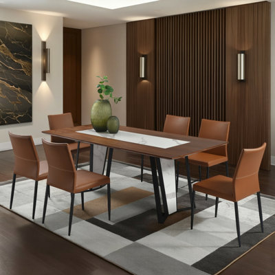 Arevalo Contemporary 7-Piece Dining Set With Sintered Stone And Walnut-Finished Tabletop