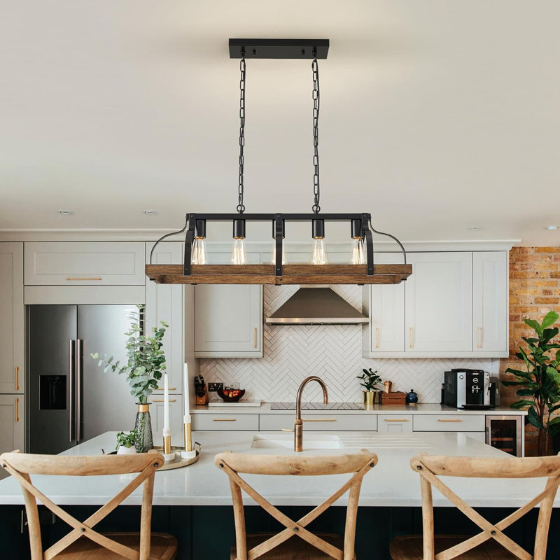 Rustic Black and Wood Grain Linear Pendant Chandelier