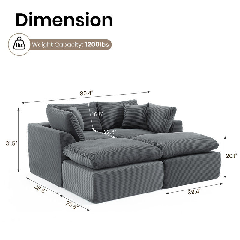 4 - Piece Slipcovered Corduroy Sectional Sofa Sleeper Couch, Gray