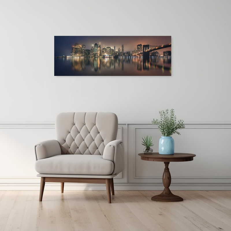 Pont de Brooklyn, nuit, réflexions, architecture paisible et paisible, art mural de la ville, H 12 po x l 36 po
