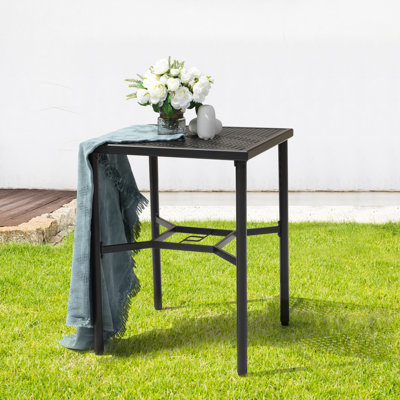 Machado Outdoor 28 Inch Square Metal 2-Person Bar Table with Mesh Top and 1.57-Inch Umbrella Hole, Powder-coated Iron Frame, for Patio, Black with Gol by Wrought Studio