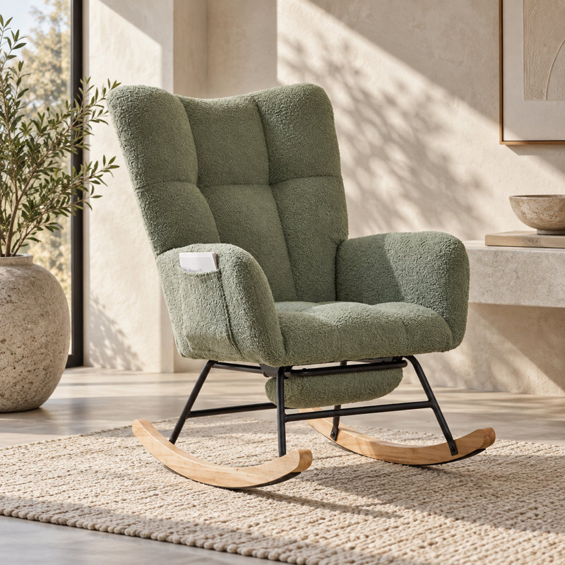 Ensemble chaise berçante et repose-pieds Teddy en tissu vert avec poche de rangement latérale, idéal pour la chambre d'enfant, la chambre à coucher et le salon.