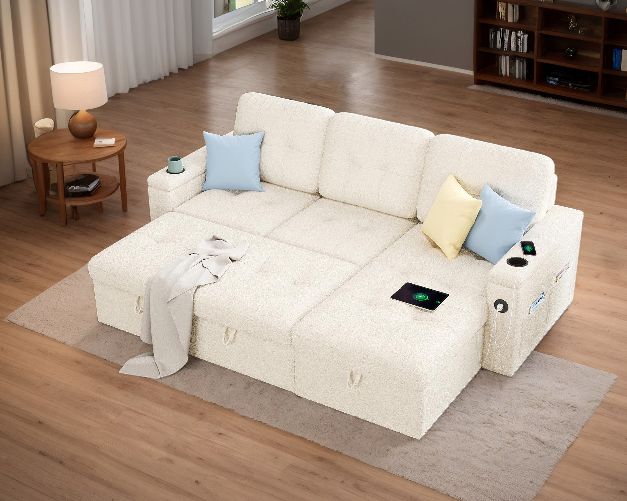Sleeper Sofa Bed, 84 Inch Pull Out Couch With 2 USB & Cup Holders, Tufted L Shape Convertible Sofa With Storage Chaise