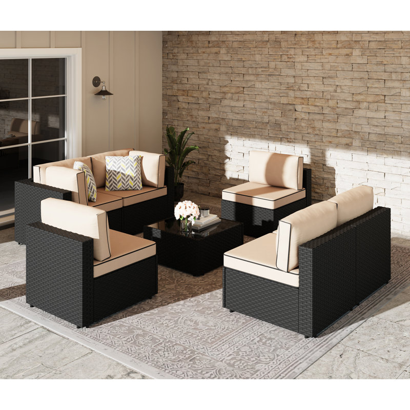 Knights 7 Piece Rattan Outdoor Patio Seating Group with Cushions, Khaki
