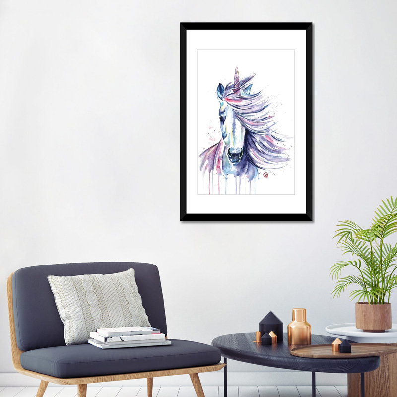 «Unicorn», impression sur toile tendue, H 26 po x l 18 po x P 1,5 po, Toile avec cadre noir, Blanc