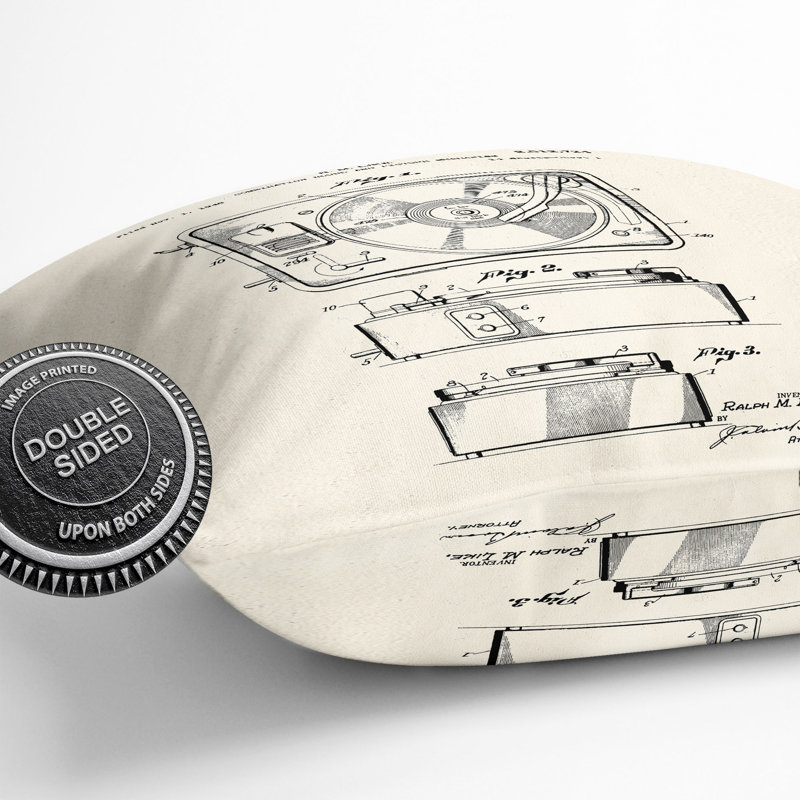 Record Player Patent Square Throw Cushion, 55cm H x 55cm W x 20cm D