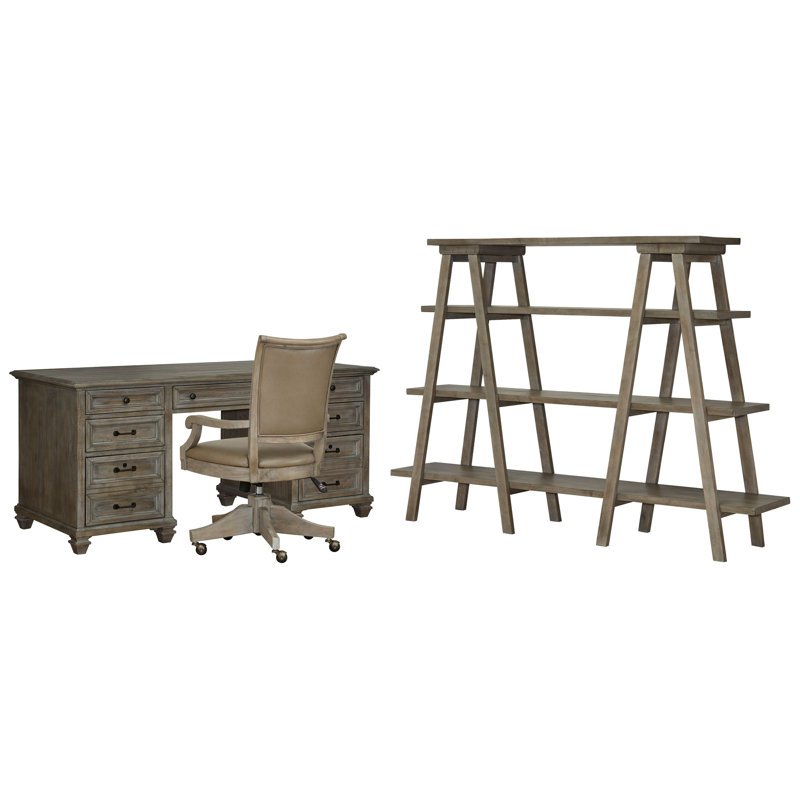 Executive Desk With Chair And Bookshelf, 3 Pieces: Desk, Chair, Bookshelf, Dovetail Gray