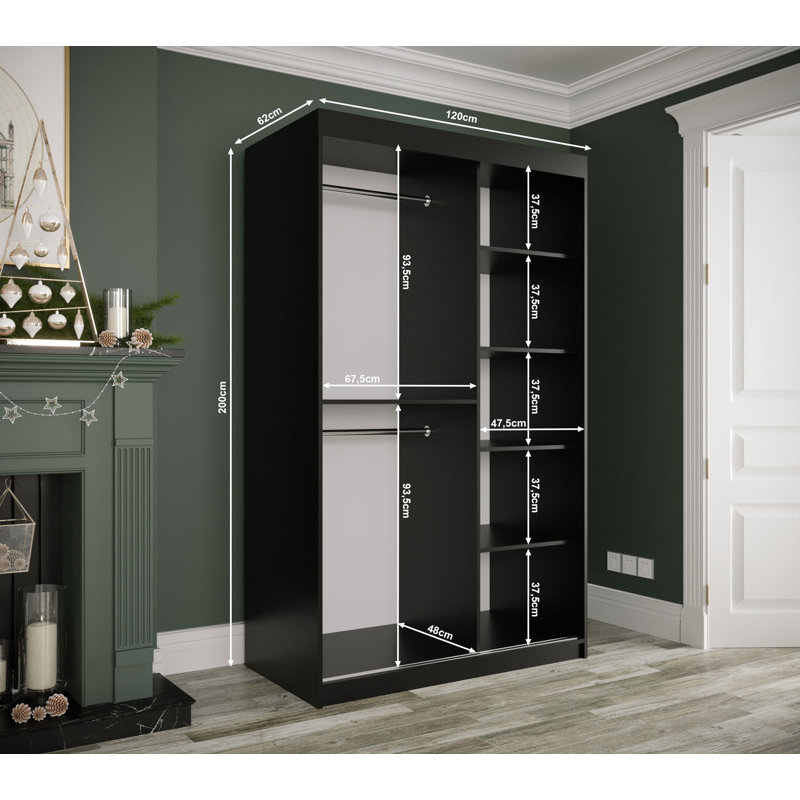 Blerata 2 Door Manufactured Wood Wardrobe, 200cm H x 120cm W x 62cm D, Black Matt/Black Matble