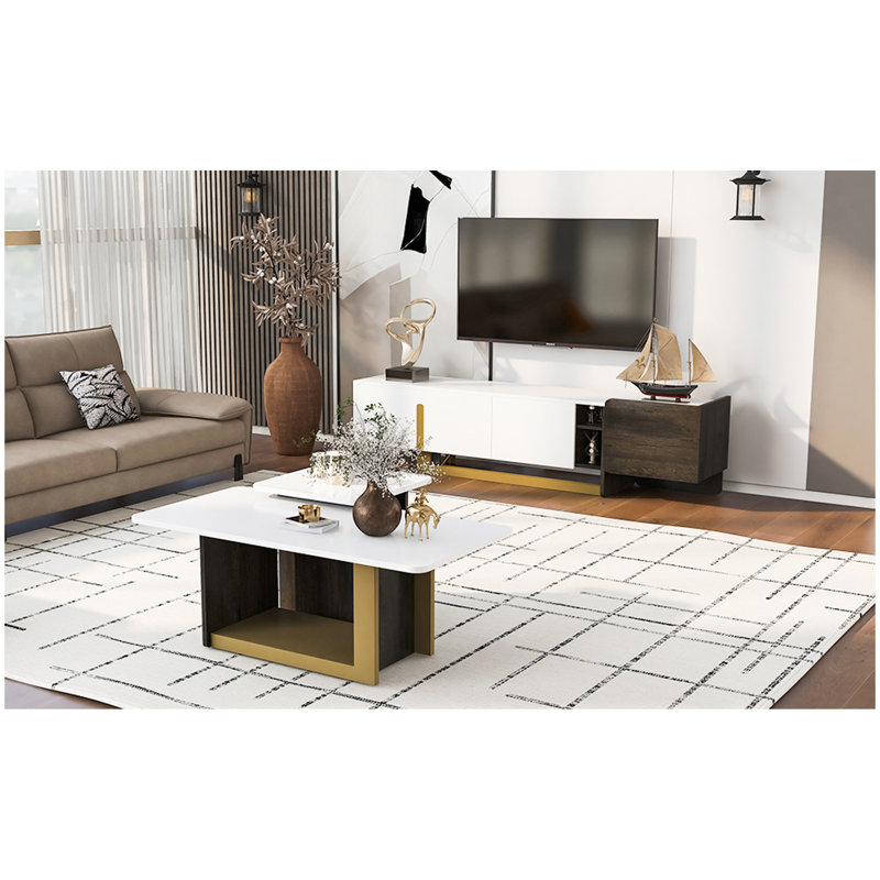 VIBE HAUS Modern Light Luxury TV Stand and Coffee Table Set of 2, Modern TV Console,Wood Center Tables with Spacious Top, Storage Cabinet & Open Adjustable Shelves for Living Room